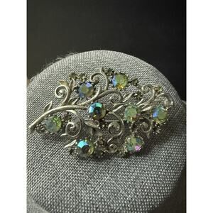 Vtg Coro AB Rhinestone Leaf Brooch Scarf Lapel Pin Silvertone Retro Cocktail